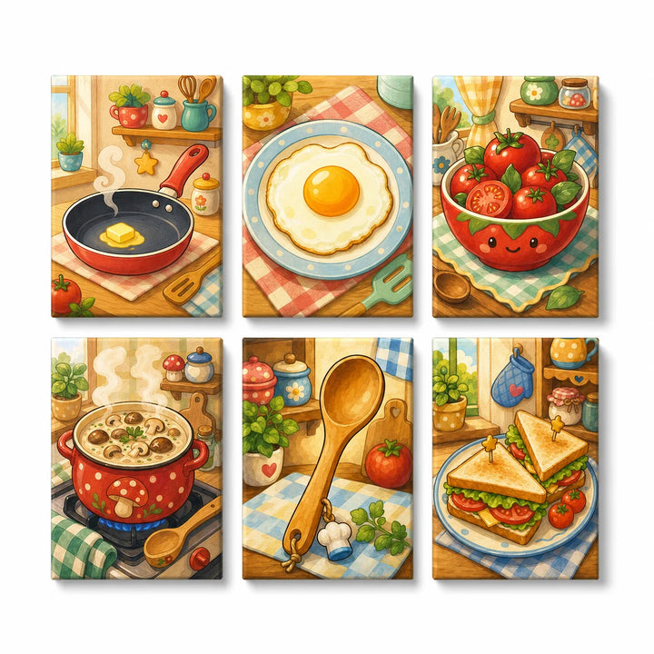 Mini Paint by Numbers Set (6 in) For Kids with frying pan, sunny egg, tomato bowl, soup pot, wooden spoon and sandwich kitchen designs