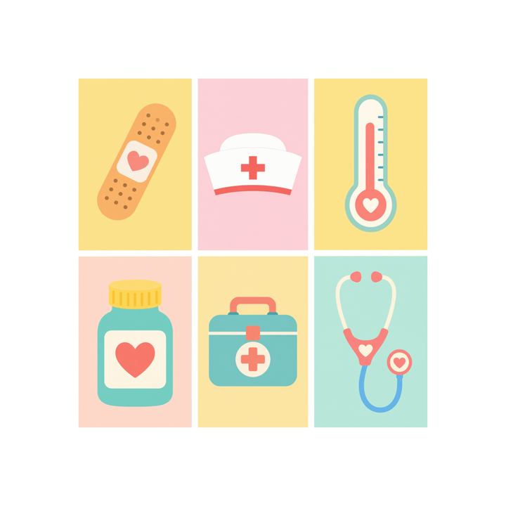 Six-piece medical care mini paint by numbers set featuring a bandage, nurse cap, thermometer, medicine bottle, first aid kit, and stethoscope in soft pastel colors