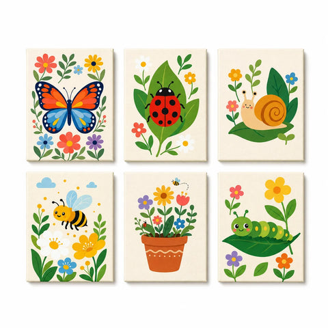 Mini Paint by Numbers Set (6 in) For Kids with butterfly, ladybug, snail, bee, flower pot garden and caterpillar nature designs