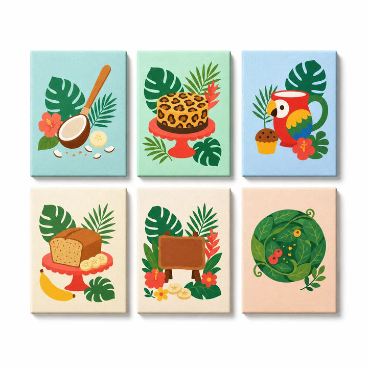 Mini Paint by Numbers Set (6 in) For Kids with tropical cake, coconut drink, parrot, bread loaf, fruit stand and jungle garden designs