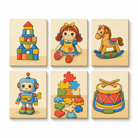 Mini Paint by Numbers Set (6 in) For Kids with building blocks, doll, rocking horse, robot, puzzle pieces and toy drum childhood designs