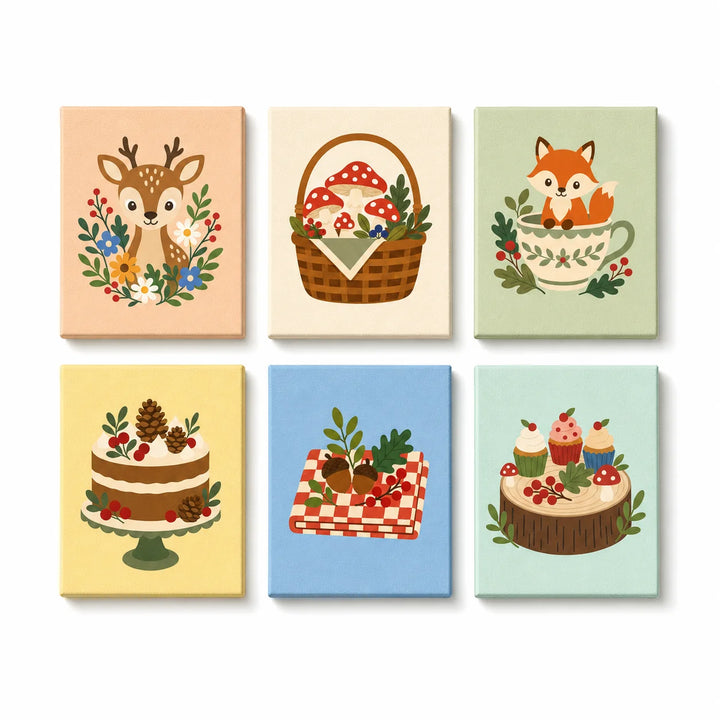 Mini Paint by Numbers Set (6 in) For Kids with deer, fox, mushroom basket, berry cake, acorn picnic and woodland cupcake designs