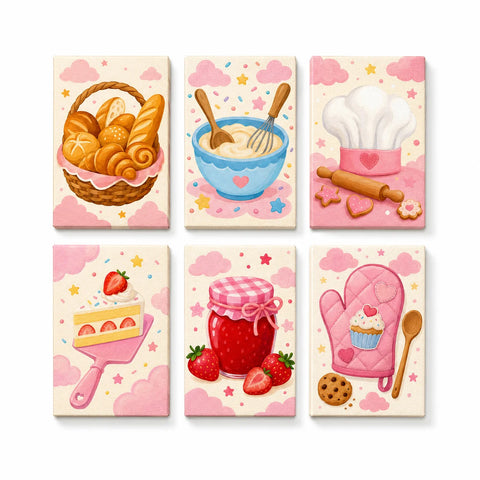 Six-piece baking mini paint by numbers set featuring a bread basket, mixing bowl, chef hat, strawberry cake, jam jar, and oven mitt in soft pastel pink colors