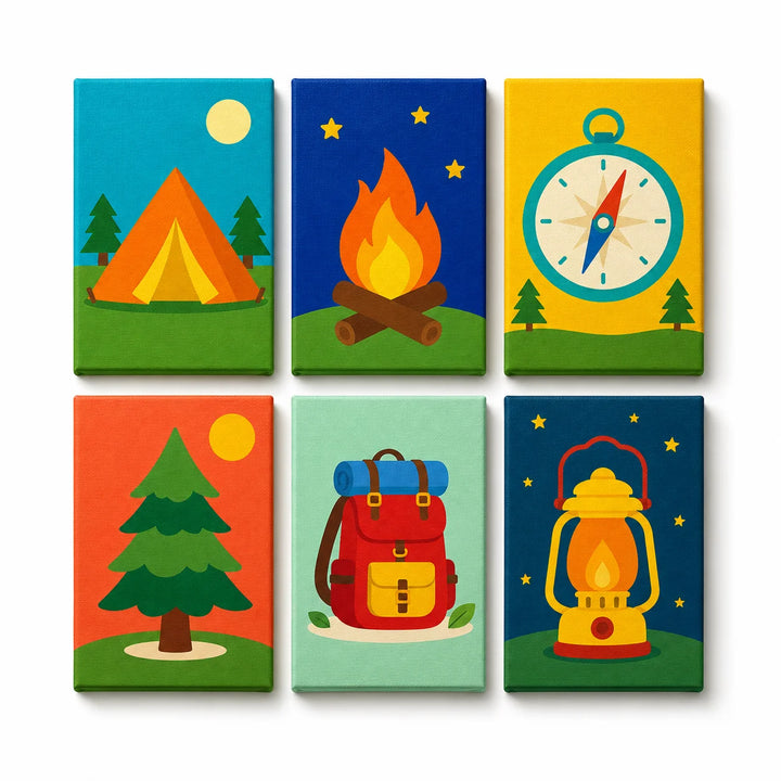 Mini Paint by Numbers Set (6 in) For Kids with camping tent, campfire, compass, evergreen tree, hiking backpack and outdoor lantern designs