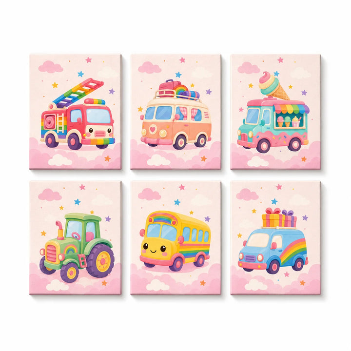Kids vehicle Mini Paint by Numbers Set with fire truck, camper van, ice cream truck, tractor, school bus and delivery van scenes