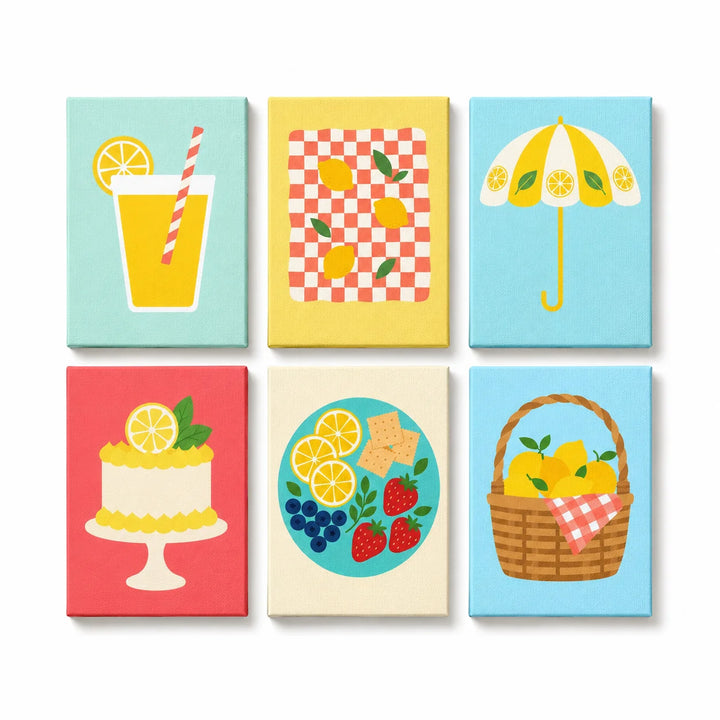 Kids summer fruit Mini Paint by Numbers Set with lemonade glass, lemon umbrella, lemon cake, fruit plate and lemon basket scenes