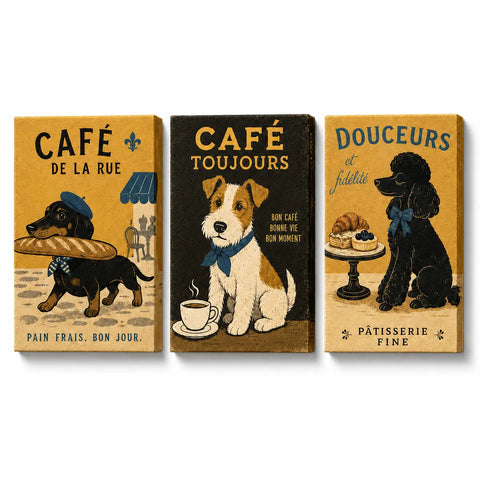 3 Panel Dog Paint by Numbers For Adults featuring vintage French café dachshund, terrier and poodle with baguette, coffee and pastries in retro triptych