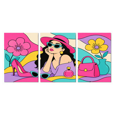 3 Panel woman triptych Paint by Numbers wall art with fashion woman, pink hat, sunglasses, handbag, perfume bottle, high heels and colorful floral design