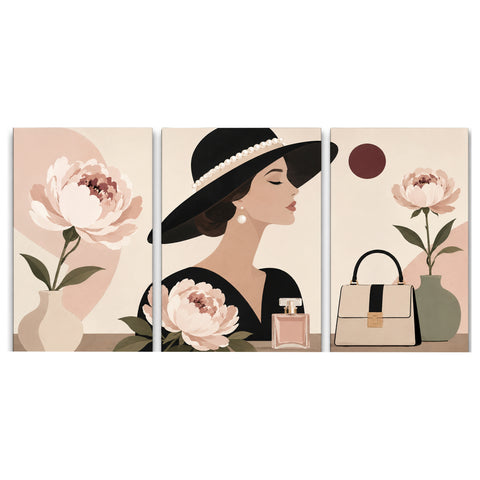 3 Panel woman triptych Paint by Numbers wall art with elegant woman in black hat, peony flowers, perfume bottle, handbag and minimalist fashion design