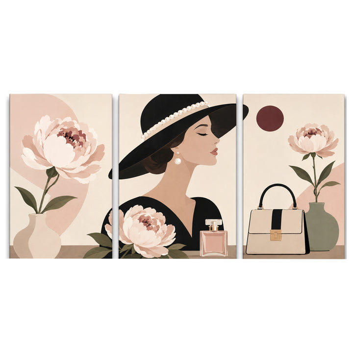 3 Panel woman triptych Paint by Numbers wall art with elegant woman in black hat, peony flowers, perfume bottle, handbag and minimalist fashion design