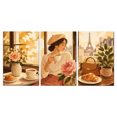 3 Panel portrait triptych Paint by Numbers wall art with Paris cafe woman drinking coffee, croissant, flowers, handbag, Eiffel Tower and warm vintage design