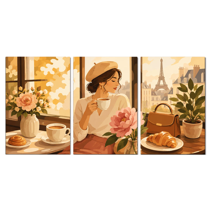 3 Panel portrait triptych Paint by Numbers wall art with Paris cafe woman drinking coffee, croissant, flowers, handbag, Eiffel Tower and warm vintage design