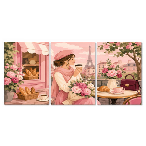3 Panel portrait triptych Paint by Numbers wall art with Paris woman in pink beret, coffee cup, flowers, bakery storefront, croissant and Eiffel Tower