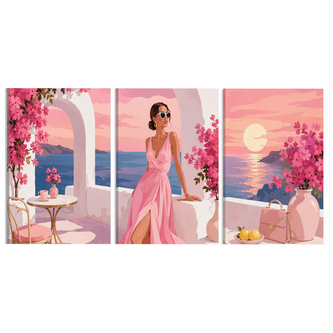 3 Panel portrait triptych Paint by Numbers wall art with woman in pink dress, cherry blossoms, ocean sunset, coastal scenery and romantic summer design