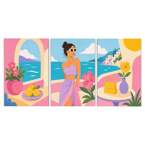 3 Panel portrait triptych Paint by Numbers wall art with woman in pink dress, Mediterranean beach, ocean view, coastal buildings, flowers and summer lifestyle design