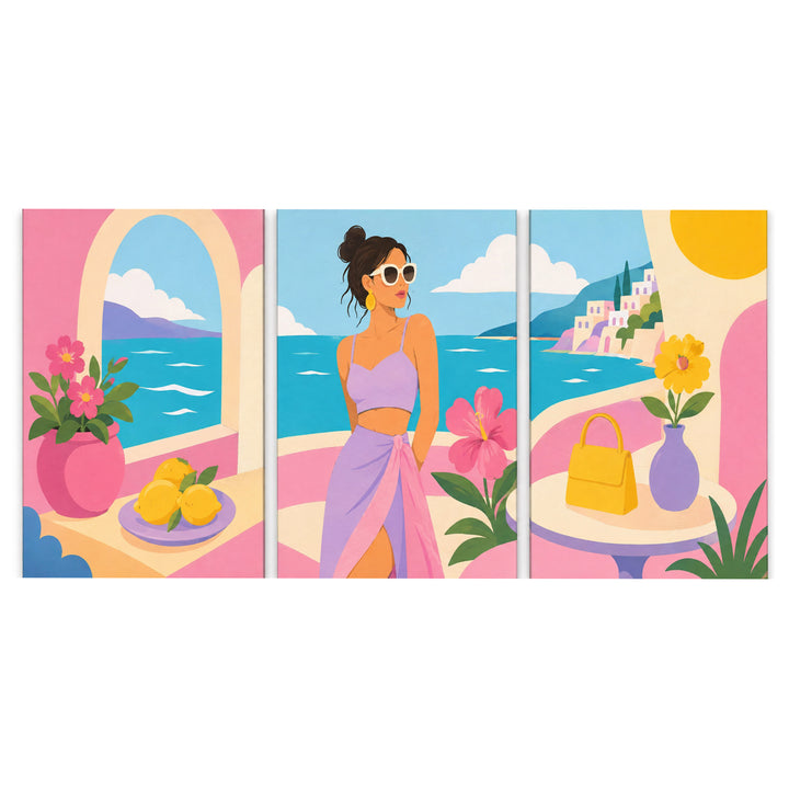 3 Panel portrait triptych Paint by Numbers wall art with woman in pink dress, Mediterranean beach, ocean view, coastal buildings, flowers and summer lifestyle design