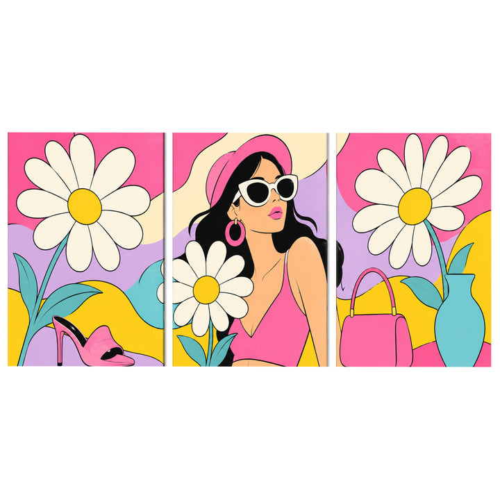 3 Panel portrait triptych Paint by Numbers wall art with woman wearing sunglasses, white daisy flowers, pink handbag, high heels, blue vase and colorful fashion design