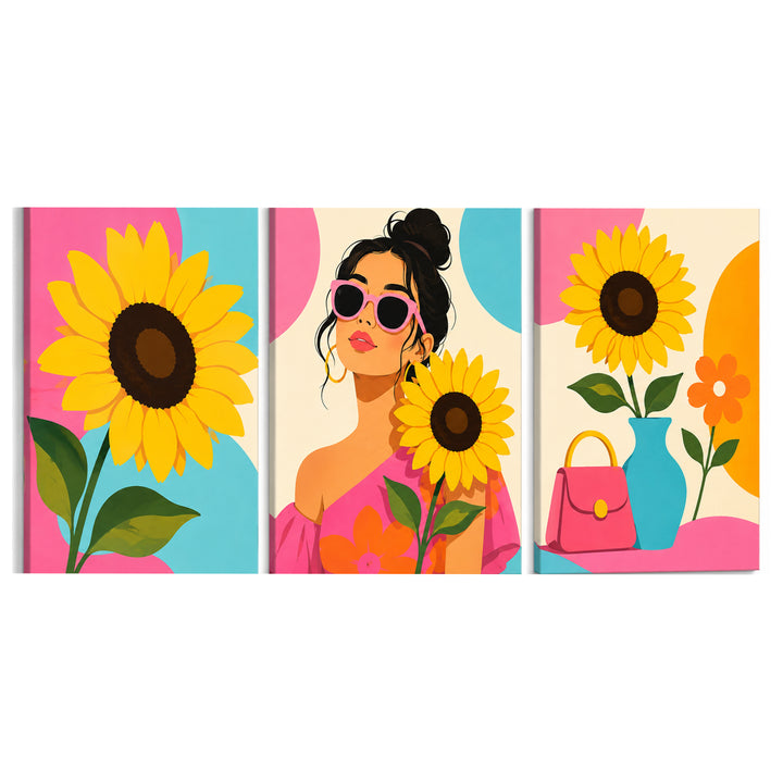 3 Panel portrait triptych Paint by Numbers wall art with sunflower woman portrait, sunglasses, floral bouquet, blue vase, handbag and colorful modern design
