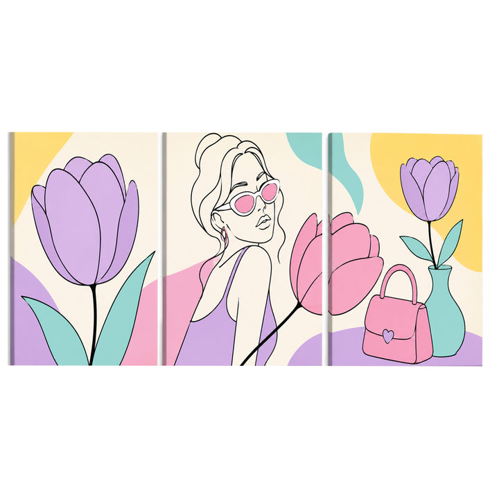 3 Panel portrait triptych Paint by Numbers wall art with woman wearing pink sunglasses, purple and pink tulip flowers, handbag, vase and modern floral fashion design