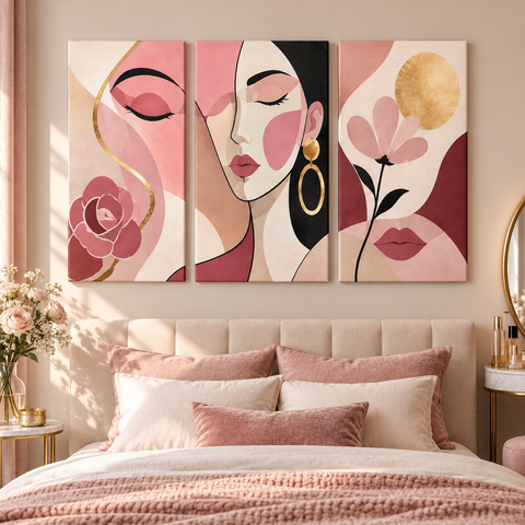 3 Panel portrait triptych Paint by Numbers wall art with abstract woman face, rose flowers, golden lines, earrings, pink makeup and modern beauty design