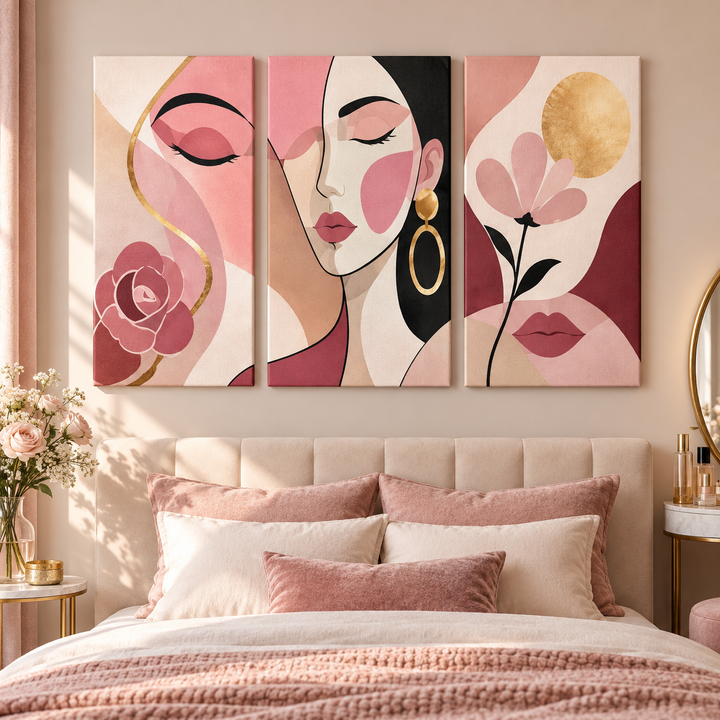 3 Panel portrait triptych Paint by Numbers wall art with abstract woman face, rose flowers, golden lines, earrings, pink makeup and modern beauty design