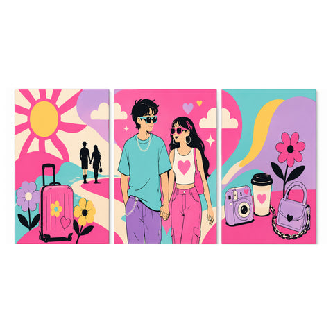 3 Panel couples triptych Paint by Numbers wall art with colorful couple, travel luggage, camera, coffee cup, handbags, flowers and modern lifestyle design