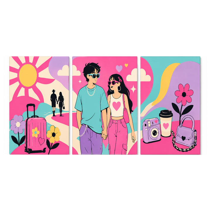 3 Panel couples triptych Paint by Numbers wall art with colorful couple, travel luggage, camera, coffee cup, handbags, flowers and modern lifestyle design