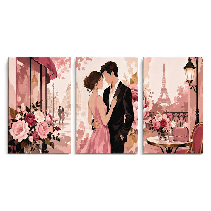 3 Panel couples triptych Paint by Numbers wall art with romantic wedding couple, Paris Eiffel Tower, rose flowers, cafe street scene and elegant love design
