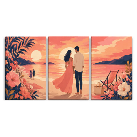 3 Panel couples triptych Paint by Numbers wall art with romantic couple walking by ocean sunset, tropical flowers, palm leaves, beach chair and coastal scenery