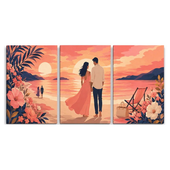 3 Panel couples triptych Paint by Numbers wall art with romantic couple walking by ocean sunset, tropical flowers, palm leaves, beach chair and coastal scenery