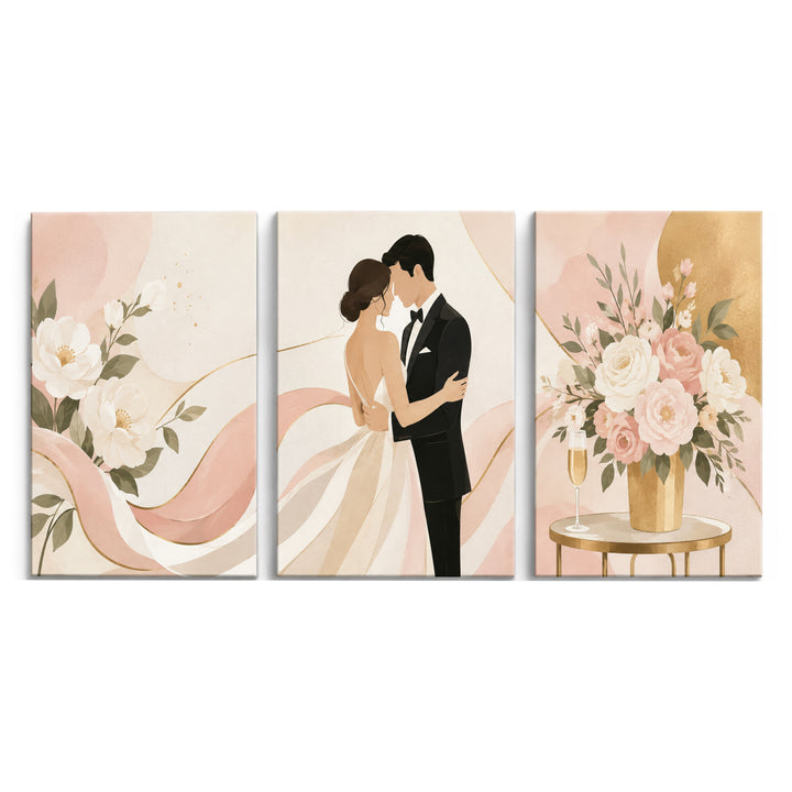 3 Panel couples triptych Paint by Numbers wall art with wedding couple embrace, floral arrangement, champagne glass, golden vase and romantic design