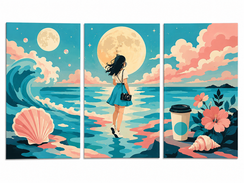 3 Panel woman triptych Paint by Numbers wall art with woman by moonlit ocean, seashells, waves, coastal flowers, coffee cup and dreamy seaside design