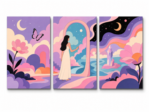 3 Panel portrait triptych Paint by Numbers wall art with fantasy woman, moon garden, butterfly, crystal landscape, flowers and dreamy magical design