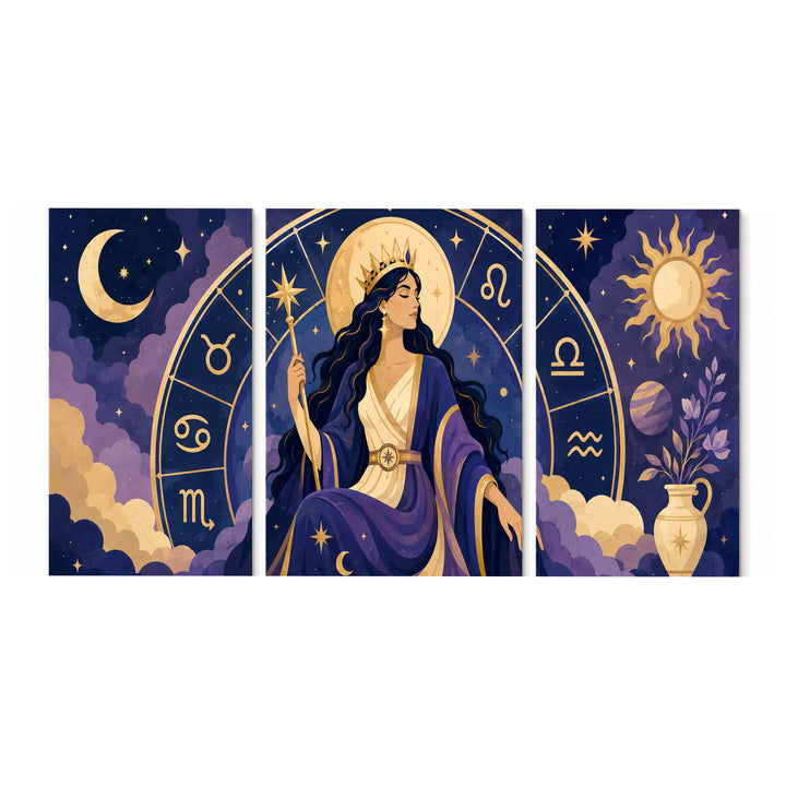 3 Panel portrait triptych Paint by Numbers wall art with zodiac goddess woman, astrology symbols, moon, stars, planets, cosmic background and fantasy design