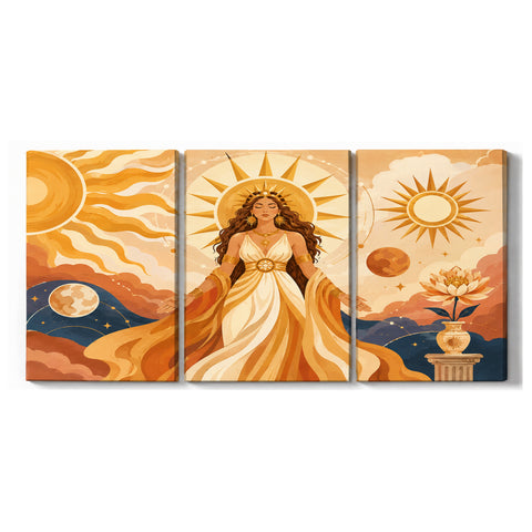 3 Panel portrait triptych Paint by Numbers wall art with golden sun goddess woman, celestial landscape, moon, stars, flowing dress and fantasy design