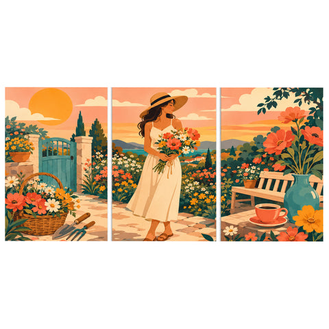 3 Panel portrait triptych Paint by Numbers wall art with garden woman holding flowers, flower basket, cottage garden gate, plants, coffee table and summer scenery