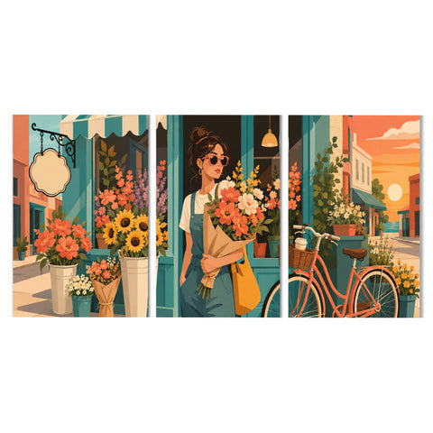 3 Panel portrait triptych Paint by Numbers wall art with flower shop woman holding bouquet, bicycle, city street, storefront flowers and European lifestyle design