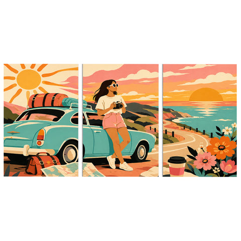 3 Panel portrait triptych Paint by Numbers wall art with road trip woman, vintage car, camera, luggage, sunset coast, ocean view and travel design