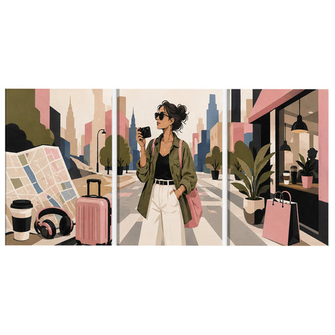 3 Panel portrait triptych Paint by Numbers wall art with city travel woman holding camera, luggage, headphones, coffee cup, urban street and cafe design