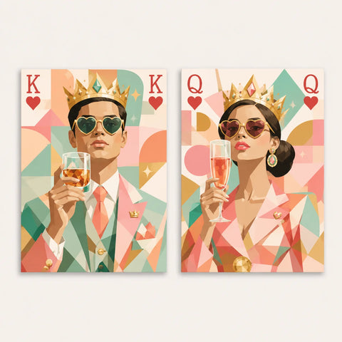 King and Queen of Hearts Diptych Paint by Numbers For Couples featuring two matching panels with K and Q portraits, golden crowns, heart sunglasses, colorful suits and cocktail glasses