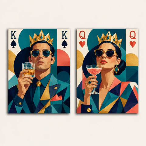 Diptych Paint by Numbers portraits of a crowned king of spades and queen of hearts wearing sunglasses and holding drinks in teal, coral and gold.