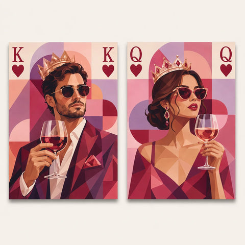 Royal Wine Night King and Queen of Hearts Diptych Paint by Numbers For Couples featuring K and Q portraits with golden crowns, sunglasses, burgundy outfits and red wine glasses