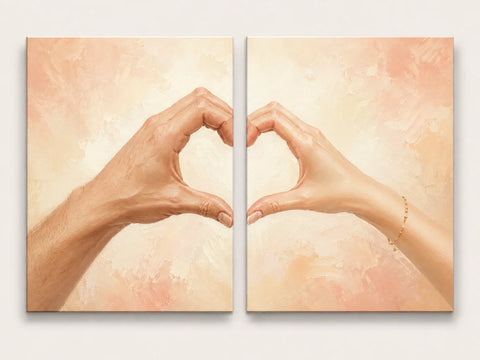 Heart Hands Diptych Paint by Numbers For Couples featuring two separate panels with male and female hands joining across the canvases to form one complete heart