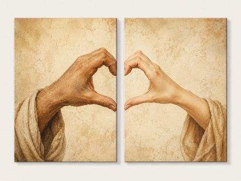 Two earth-tone canvases with hands joining to form a heart