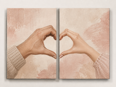Heart Hands on Warm Plaster - PaintEasy paint by numbers design featuring two hands forming a heart across two panels against textured plaster