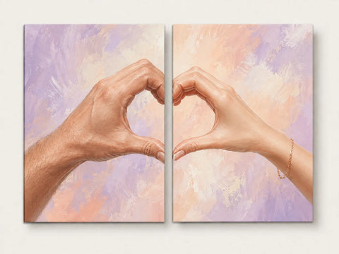 Heart Hands Under Lavender Sky - PaintEasy paint by numbers design featuring two hands forming a heart across two panels under a lavender sky wash