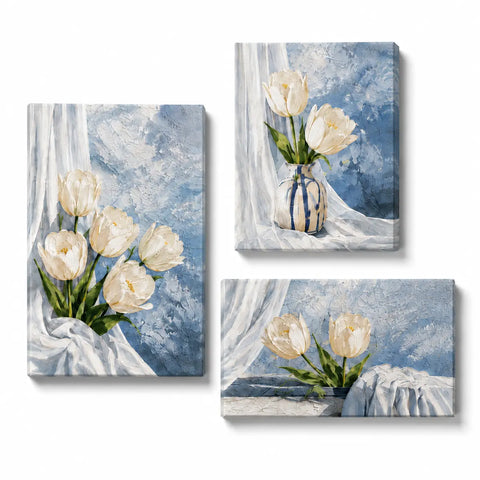 White Tulip 3 Panel Paint by Numbers For Adults featuring ivory tulips, blue textured backgrounds, ceramic vase and flowing white fabric in floral triptych