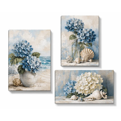 3 Panel Hydrangea Paint by Numbers For Adults featuring blue white hydrangeas, seashells and coastal vases in soft blue cream floral triptych