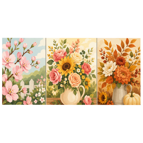 3 Panel floral triptych Paint by Numbers wall art with cherry blossoms, sunflower bouquet, roses, autumn flowers, pumpkins and seasonal garden design