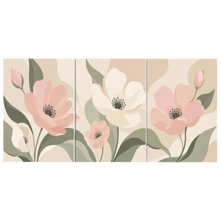 3 Panel floral triptych Paint by Numbers wall art with soft pink magnolia flowers, white blossoms, green leaves and minimalist botanical design